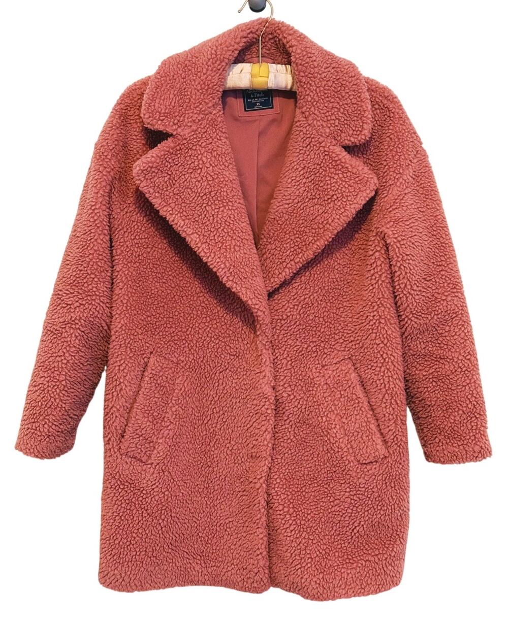 Abercrombie & Fitch Sherpa Teddy Fleece Over Coat XS Mauve Pink Cozy Soft Y2K
